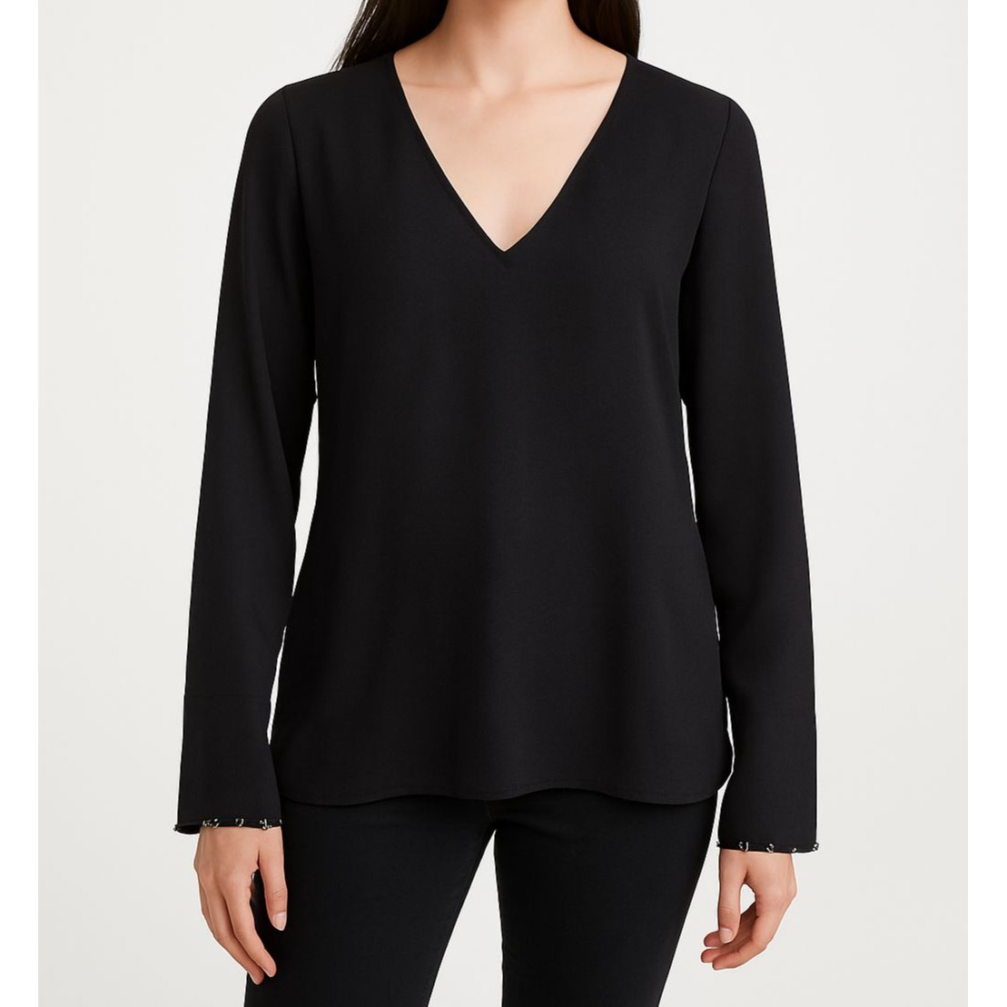 H&M Black Beaded V-Neck Blouse Women’s Size 4 Long Sleeve Elegant Top